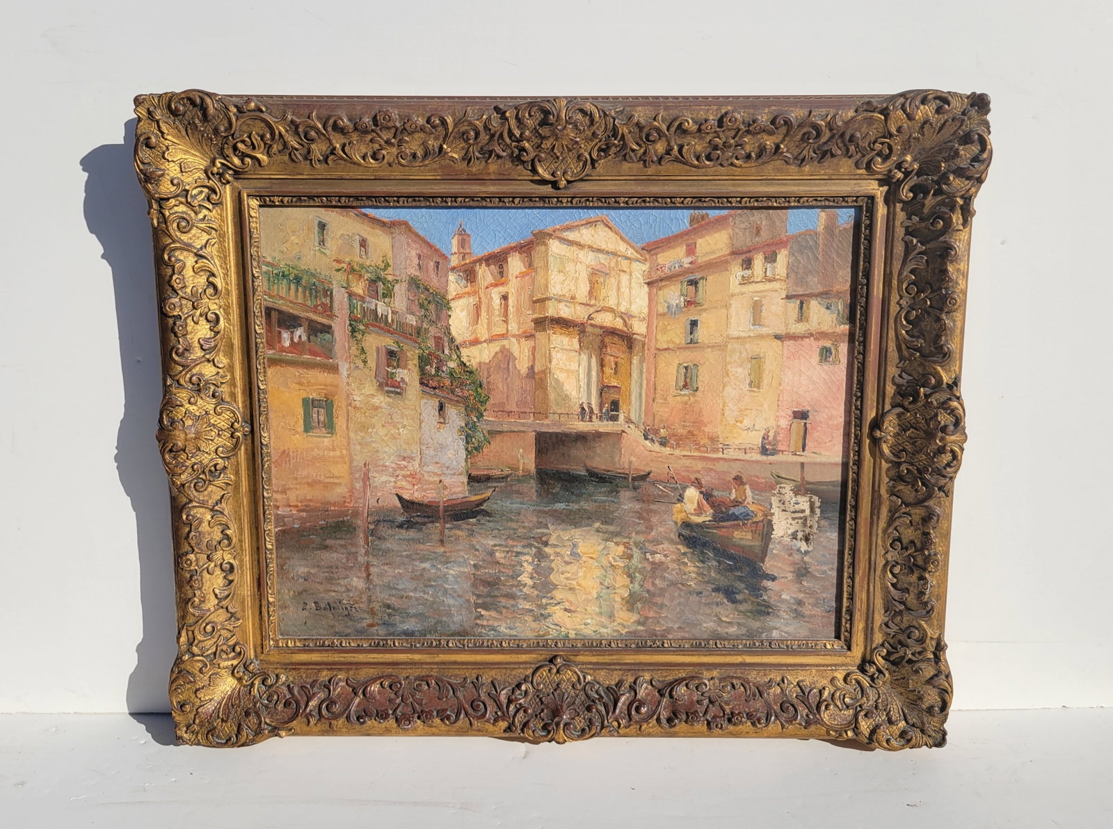 Provence Boaters Paul Marcel Balmigere French Impressionist Harbor Canal Seascape To Fix: Provence Boaters Paul Marcel Balmigere French Impressionist Harbor Canal Seascape To Fix. Oil on canvas, 18.625in x 24.5in, 26in x 31.75in framed, signed lower left, titled Le Canal du Briscone Martig
