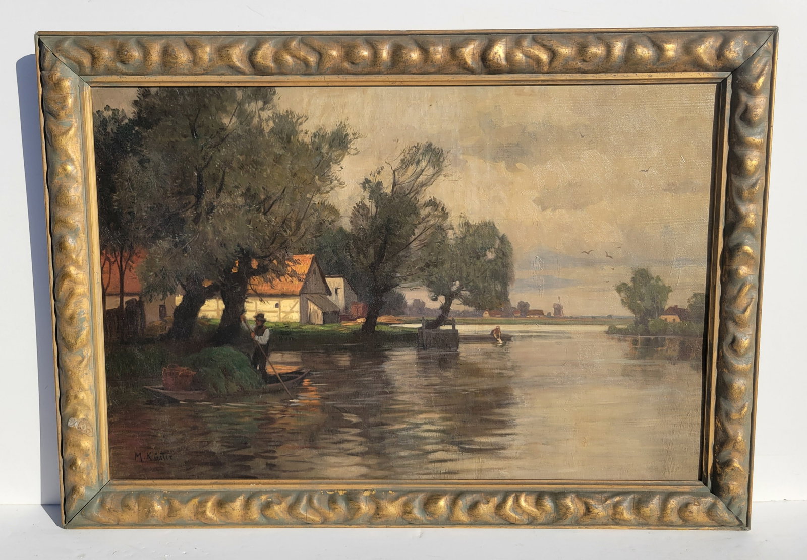 Large Mystery Barbizon M Kuster Kiester Kester Canvas Romantic River Boatman Laundress Windmill: Large Mystery Barbizon M Kuster Kiester Kester Canvas Romantic River Boatman Laundress Windmill Landscape Artist Oil Illegible Signature Signed Illegibly. Oil on canvas, 23.75in x 36.875in, 29in x 42i