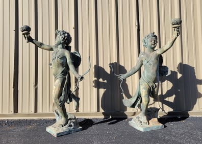 Large Vintage Cupid Torchere Statues Classical Garden Sculptures Semi Nude Male Figures Waterfront