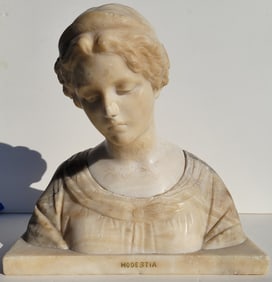 Large Heavy Prof G Besgi 2 Piece Marble And Or Alabaster Young Female Portrait Of Modestia Statue