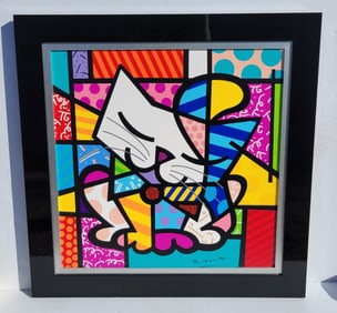 Romero Britto Digital Canvas Mixed Media Embellished Print Sam Pop Art Cat Miami Abstract 24in x