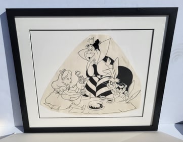 Large Darren Hunt Disney Original Inking Cartoon Comic Or Cel Preparatory Drawing Alice And Queen Of