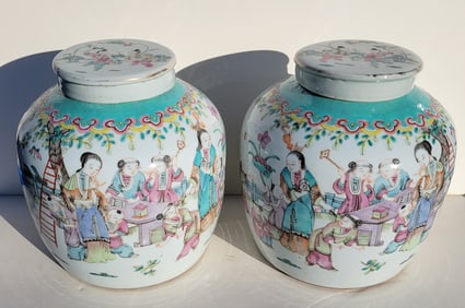 Pair Chinese Qing Famille Rose Antique Scenic Ginger Jars Enamel Extensive Figures Aprox 8.5in x