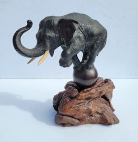 Large Signed Japanese Meiji Manner Bronze Elephant Carved Wooden Base 16in x 17.5in x 8.5in Overall
