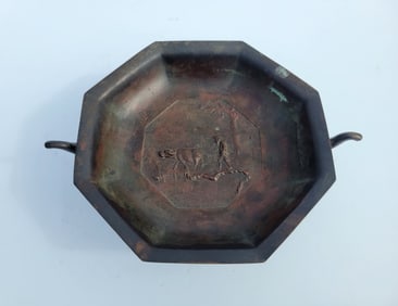 Antique Japanese Meiji Bronze 13in Pictorial Relief Footed Centerpiece  Octagonal Bowl Elephant