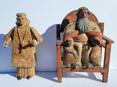 Two Large Polychrome Carved WoodAntique Retablos Mexican Central South American Christian Catholic