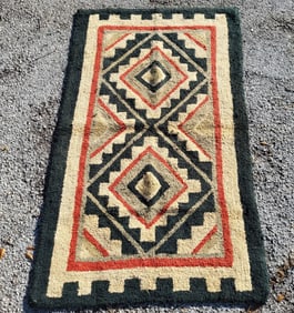 Antique Folk Art Native American Motif Hooked Rug 34.5in x 58in