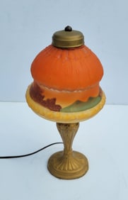 Arts Crafts Reverse Painted Art Glass Boudoir Table Lamp With Sky Crack
