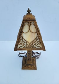 Arts Crafts Slag Glass Antique Boudoir Table Lamp 15.5in High