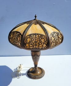 Large Arts Crafts Nouveau Details Slag Glass Antique Table Lamp 17in Shade
