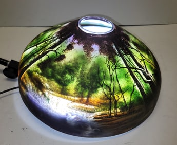 Pittsburgh iReverse Painted Arts Crafts Movement Swan Nocturne Stream Table Lamp Glass Shade