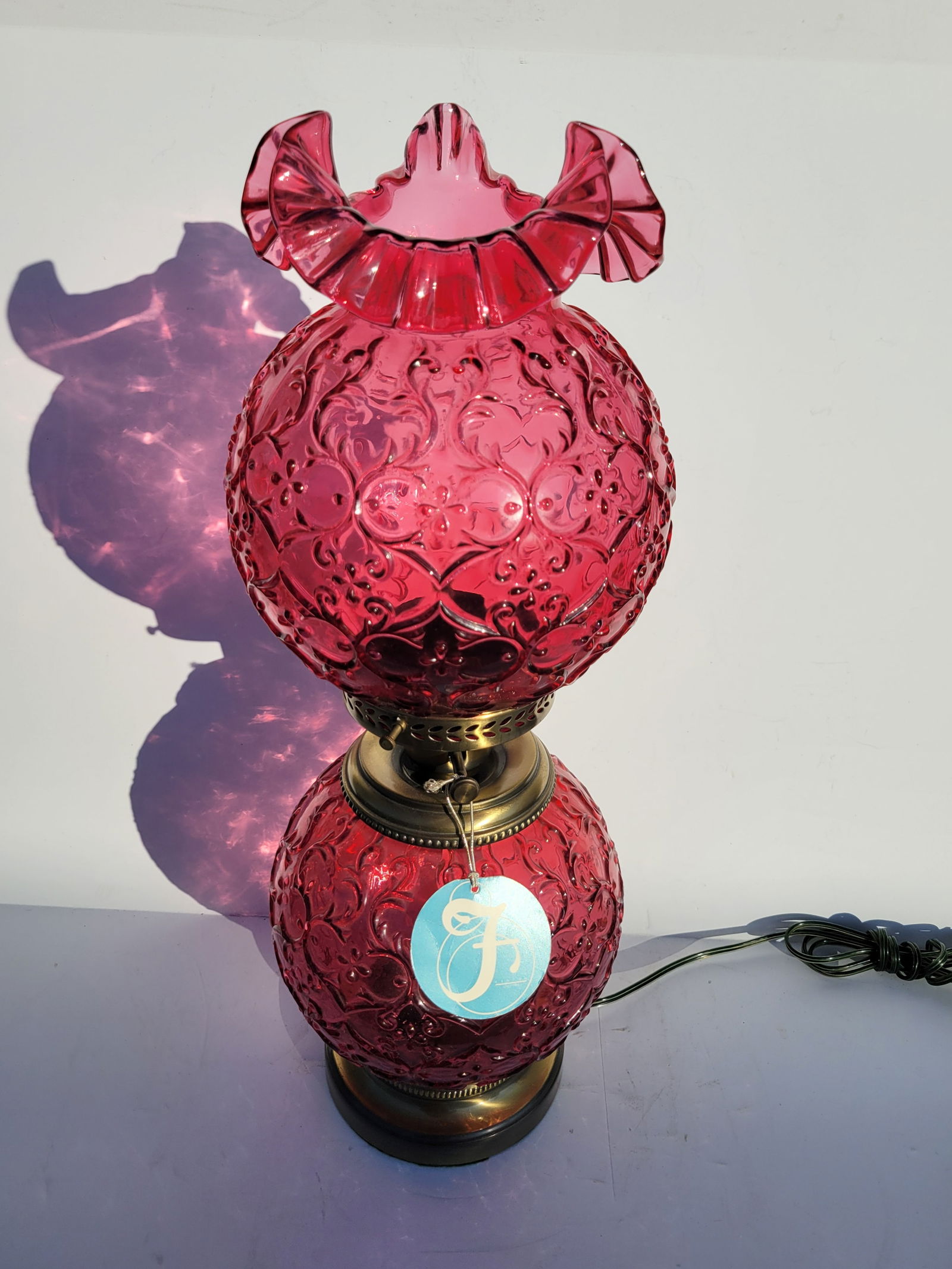 Large Fenton Country Cranberry Banquet Lamp With 2 Hang Tags Gone With The Wind Style Oil Tradition (1 of 4)