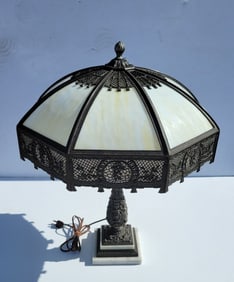 Large Arts Crafts Octagonal Slag Glass 18in Shade Table Lamp On a Patinated White Metal With Stamped
