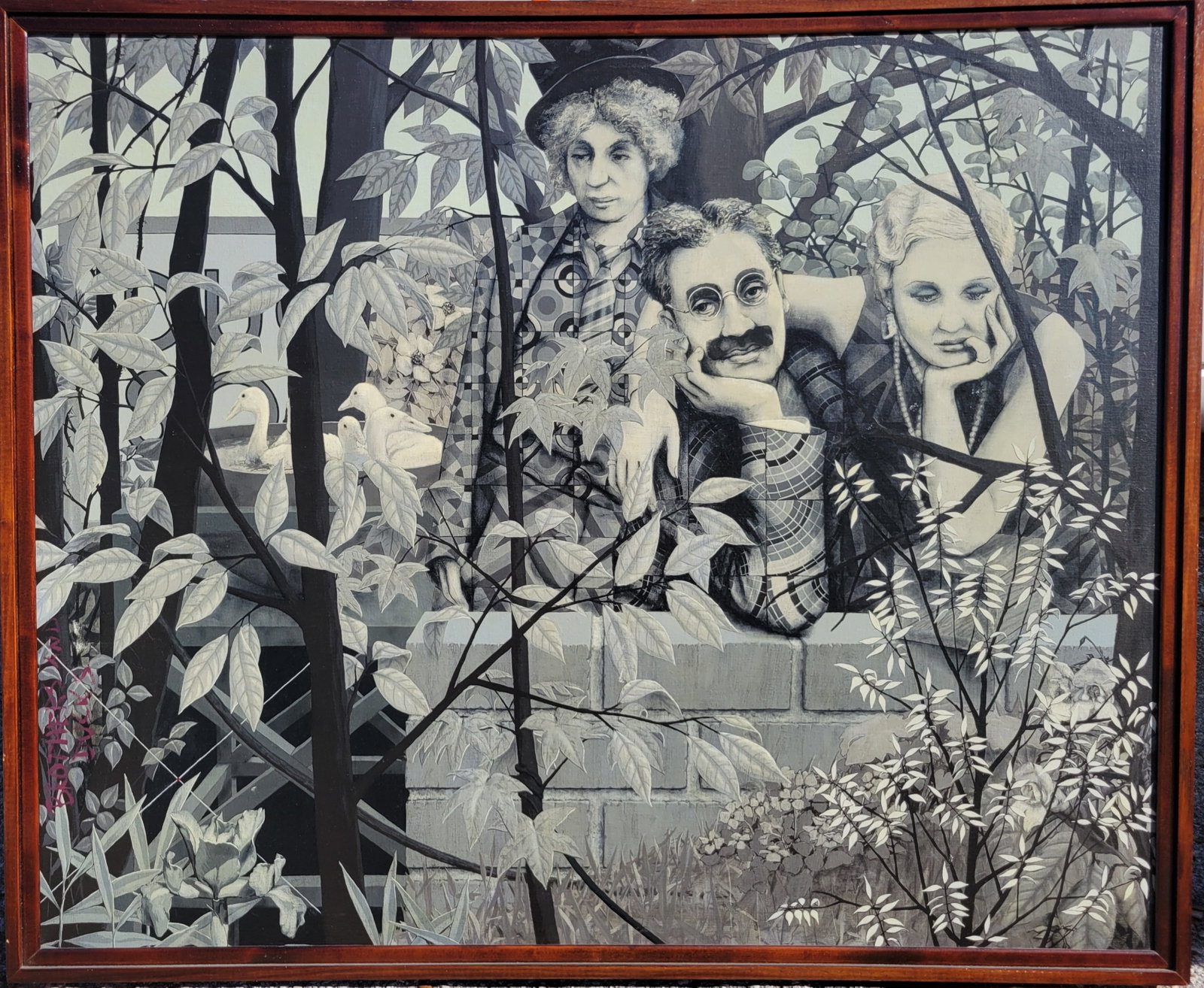 Large Paul Hartley Groucho Marx Brothers Painting NC North Carolina Artist 1944 To 2009 Oil Canvas: Large Paul Hartley Groucho Marx Brothers Painting NC North Carolina Artist 1944 To 2009 Oil Canvas 36in x 44in. Oil on canvas, 36in x 44in, 37.75in x 46in framed, unsigned, titled on the vertical lowe
