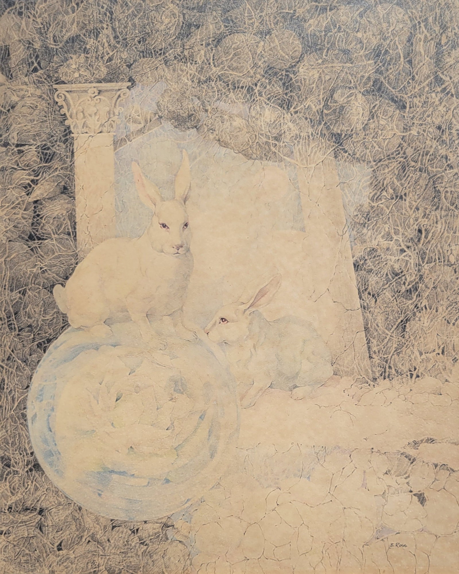 Superb Elizabeth Betsy Ross Realist Rabbits White Rose Large Colored Pencil Drawing Photorealist And (1 of 3)