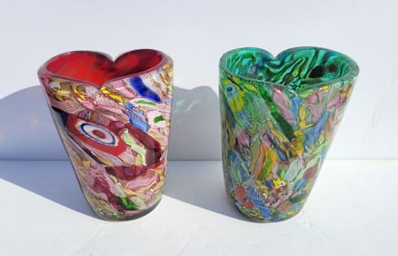Lot 2 Murano Vintage 8in Heavy Vases Cane Fleck Latticino Different Manufactorie Green Ground
