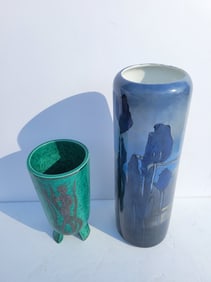 Lot 2 Incl Gustavsberg Argenta Footed Silver Overlay Swedish Art Pottery 8.8in Vase Plus A Giant