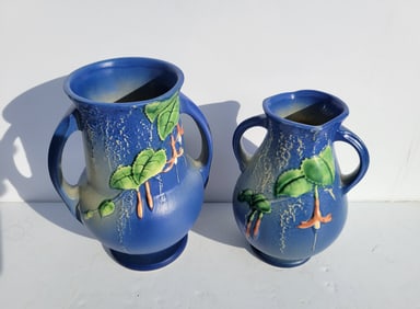 Two Roseville Fuscia Handled Art Pottery Vases 7.25in And 8.25in