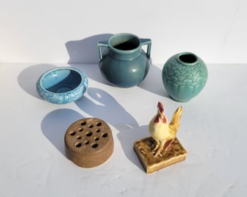 Lot 5 Rookwood Art Pottery Incl 2 Vases 1 Bowl 1 Flower Frog And 1 Rooster Statue Figure All Signed