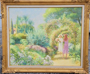 Large Louis Fabien Impressionist Wally Finlay Galleries Women Garden Flowers 32in x 40in With Labels