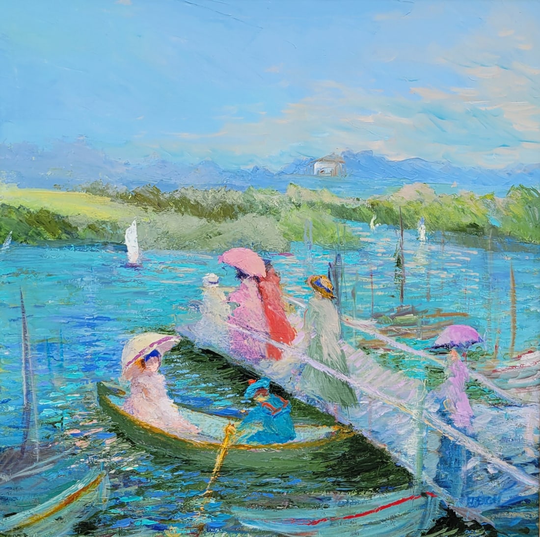 Large Marie Mary Beich Impressionist Oil Boating River Landscape 36in x 36in Scottsdale AZ Artist (1 of 6)