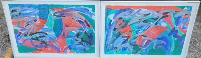Pair Large David Dimichele Paintings On Canvas Float Mounted Under Glass Ex James Lodge Associates