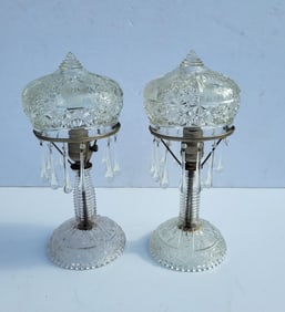 Pair Wheel Cut Boudoir Lamps Pressed Glass Antique With Drop Pendants 14in High Overall