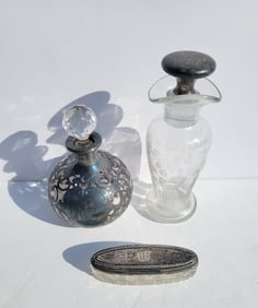 3 Item Silver Mounted Glass Crystal Sterling Overlay Lot Gorham 999 English Etched With Perfume