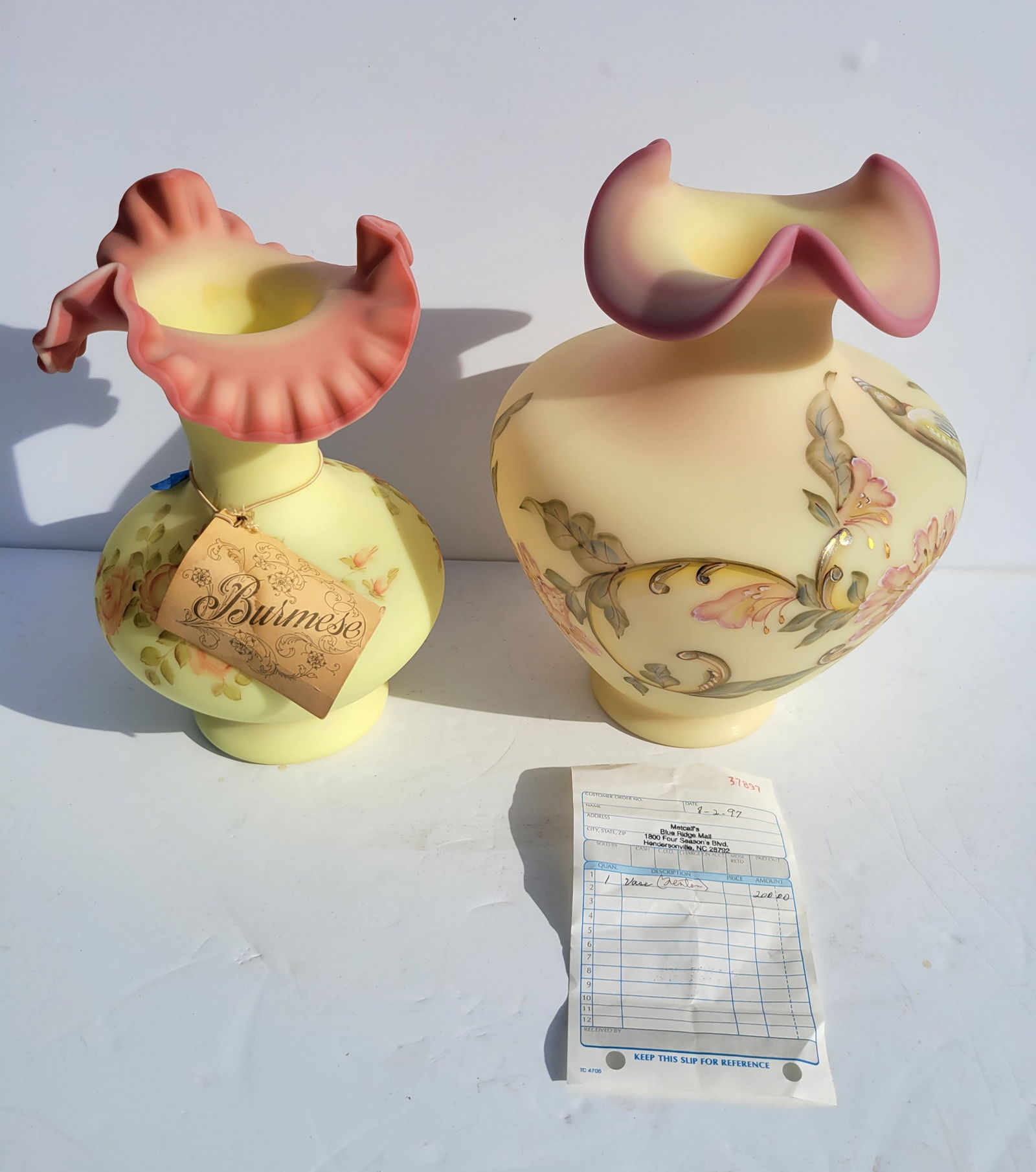 Lot 2 Fenton Burmese Large Ruffle Vases Hand Signed 10.25in J Hofmann With Tag 1072 Of 1350 11in S (1 of 2)