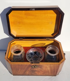 Antique Inlaid Mahogany Tea Caddy Neoclassical Taste Crystal Glass Fittings Brass Mounted Handles