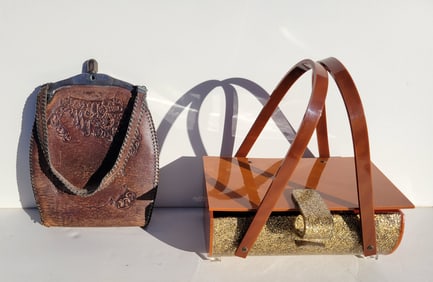 Two Vintage Purses Leather And Art Plastic Incl 1915 1917 Patented Silverplate Clasp Arts Crafts