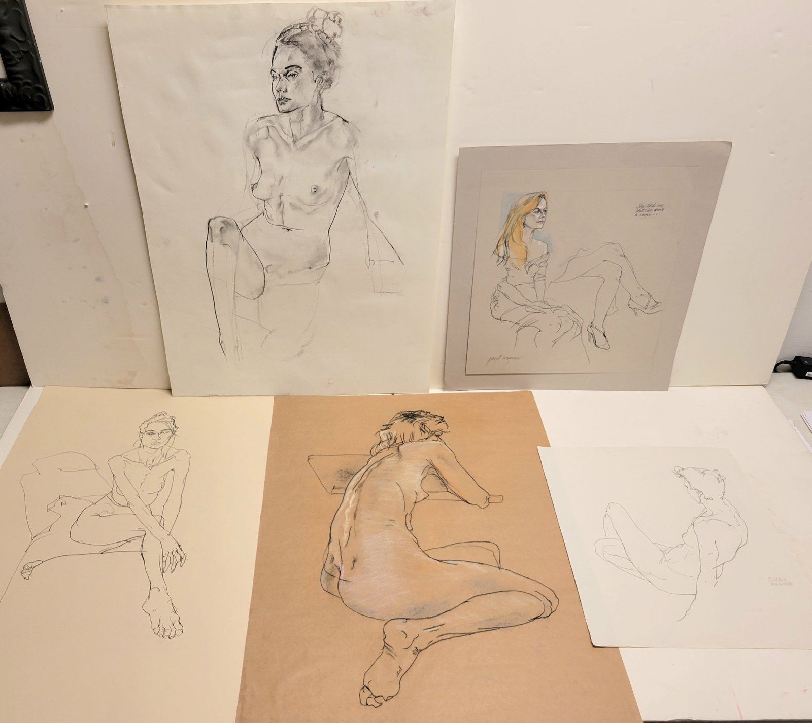 Lot 5 Female Nude Figure Drawings Studies Charcoal And Mixed Media On Paper Various Artists: Lot 5 Female Nude Figure Drawings Studies Charcoal And Mixed Media On Paper Various Artists Including Paul Wagener And Bobbie Haworth One Is Double Sided Unmatted And Unframed.Dimensions:16in to 30inS