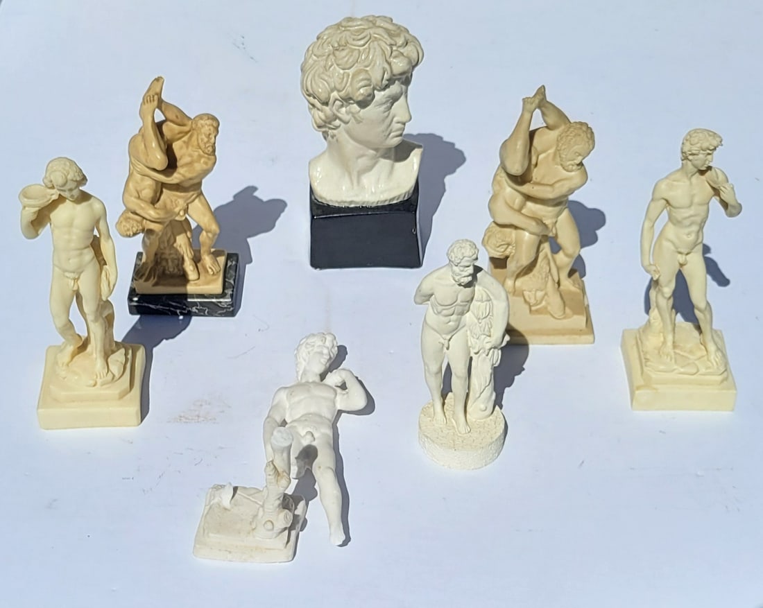 Classical Menagerie Of 7 Vintage Cabinet Nude Male Statues Sculptures All Cast Or Composition: Classical Menagerie Of 7 Vintage Cabinet Nude Male Statues Sculptures All Cast Or Composition.Dimensions: Generally 5in to 6in tallShipping: Visit StedmanShipping Dot Com for all info. Note large or h