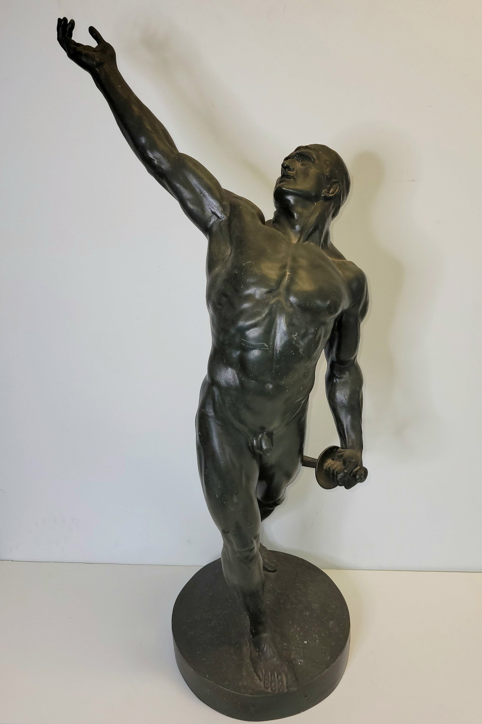 Large Oswald Schimmelpfennig Spelter German Greek Roman Classically Inspired Heroic Male Nude White: Large Oswald Schimmelpfennig Spelter German Greek Roman Classically Inspired Heroic Male Nude White Metal Statue Sculpture. Dimensions: 32.375inWeight: 19.6lbsShipping: Visit StedmanShipping Dot Com f