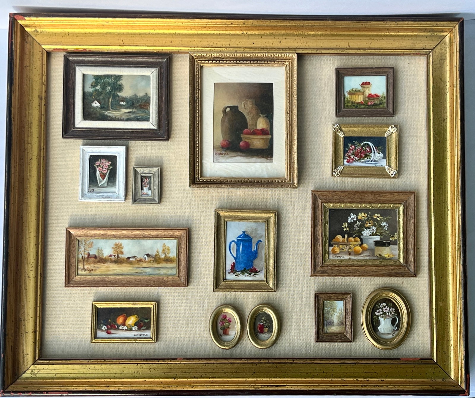 Miniature Painting Elaine Thomas Miniature Collage Royal Miniature Society RMS 8 of 33 Lots Area: Miniature Painting Elaine Thomas Miniature Collage Royal Miniature Society RMS 8 of 33 Lots Area Collection. Collage assemblage of 13 original paintings. “To Mary Anne & Bob, Enjoy” artist
