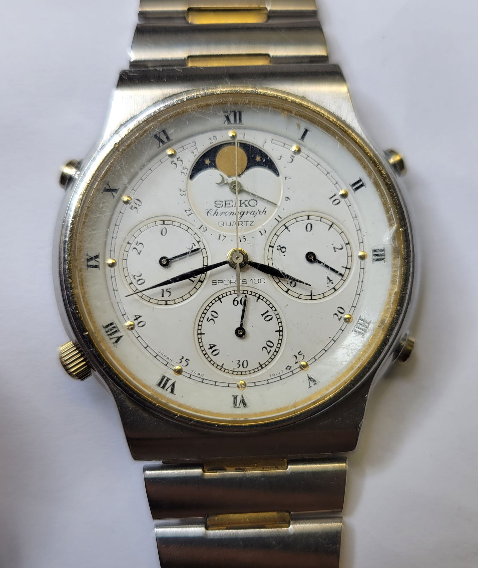 Vintage Seiko 7A48-7009 Sport 100 Chronograph Moonphase Date Watch Circa 1980s (1 of 4)