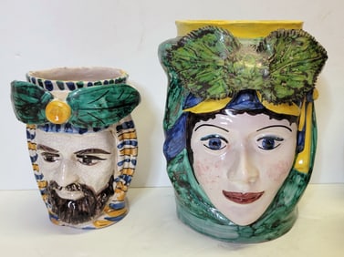 Lot 2 Signed Italian Majolica Pottery King Queen Lord Lady Head Vases 7in And 9in