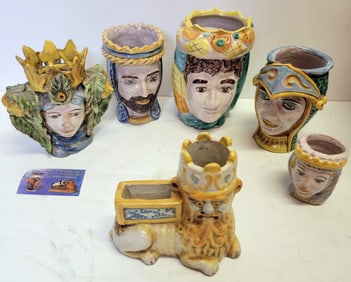 Collection 6 Signed Italian Majolica Pottery Head Vases 3in To 6.5in
