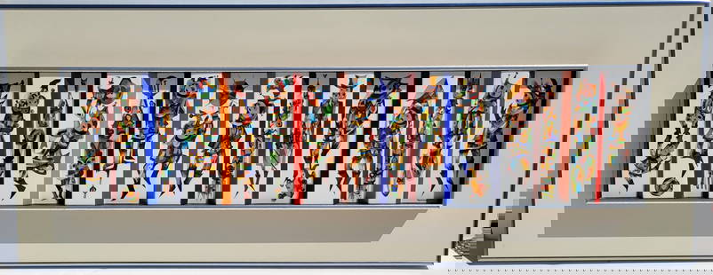 Joseph Trippetti Large Multiplaned Circus Figures Joie Le Vie Mid Century Modern Harlequin Acrobat: Joseph Trippetti Large Multiplaned Circus Figures Joie Le Vie Mid Century Modern Harlequin Acrobat Musician Jester Panorama Silver Cloisonne Enamel Panel Painting MCM 10in x 42.75in With Artist Letter