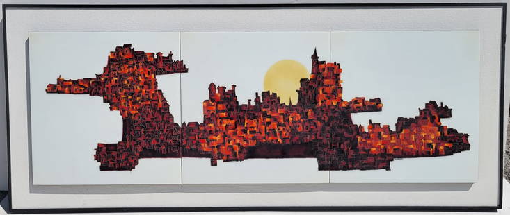 Joseph Trippetti Large Old Village City Landscape Brutalist Panorama Cloisonne Enamel 3 Panel: Joseph Trippetti Large Old Village City Landscape Brutalist Panorama Cloisonne Enamel 3 Panel Painting MCM 16in x 48in With Artist Letter And Brochures. Comprised of 3 adjacent 16in panels comprising