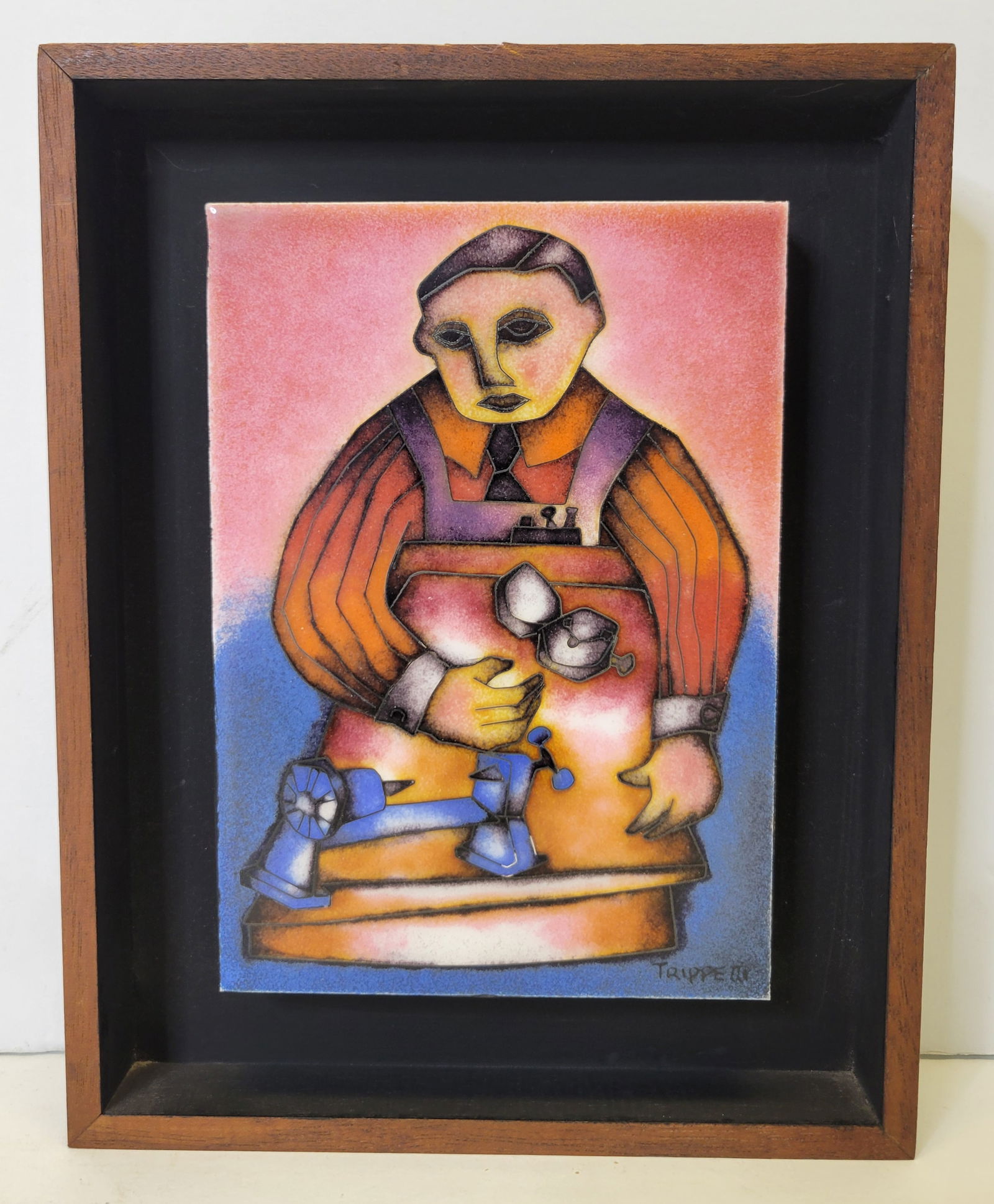 Joseph Trippetti The Watchmaker Cloisonne Enamel Panel Painting 7.1in With Artist Letter And: Joseph Trippetti The Watchmaker Cloisonne Enamel Panel Painting 7.1in With Artist Letter And Brochure. 7.1in x 5.1in, 9.7in x 7.75in x 1.5in framed, signed lower right, accompanied by a photocopy of a