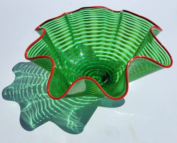 Large Signed 11in Murano Manner 2014 Ribbed Handkerchief Vase Bowl Italian Or American Studio Art