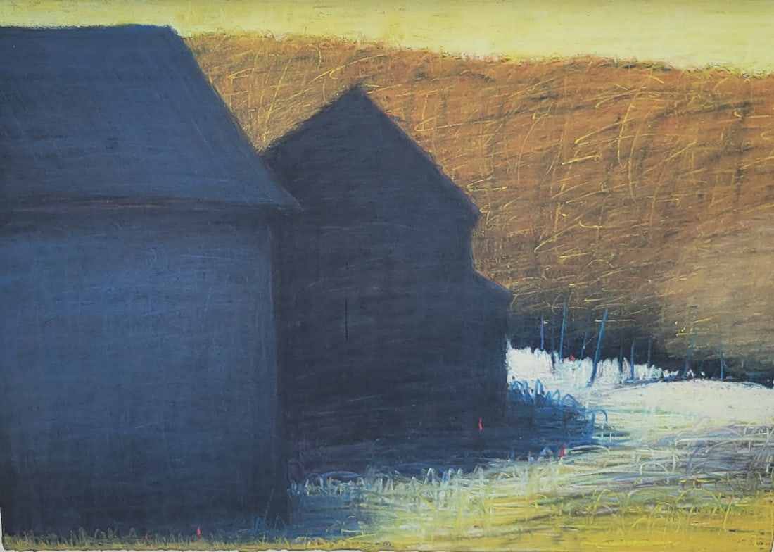 Large Ted Larsen Pastel Semi Abstract Autumn Barns Landscape 22in x 30in USD2700 Label (1 of 4)