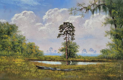 Large Roy RA McLendon Florida Highwaymen Nice Provenance FL African American Outsider Folk Art Fla: Large Roy RA McLendon Florida Highwaymen Nice Provenance FL African American Outsider Folk Art Fla Marsh Landscape 23in x 35in Oil On Panel Floridiana. Signed RA Mclendon lower right incised in wet pa