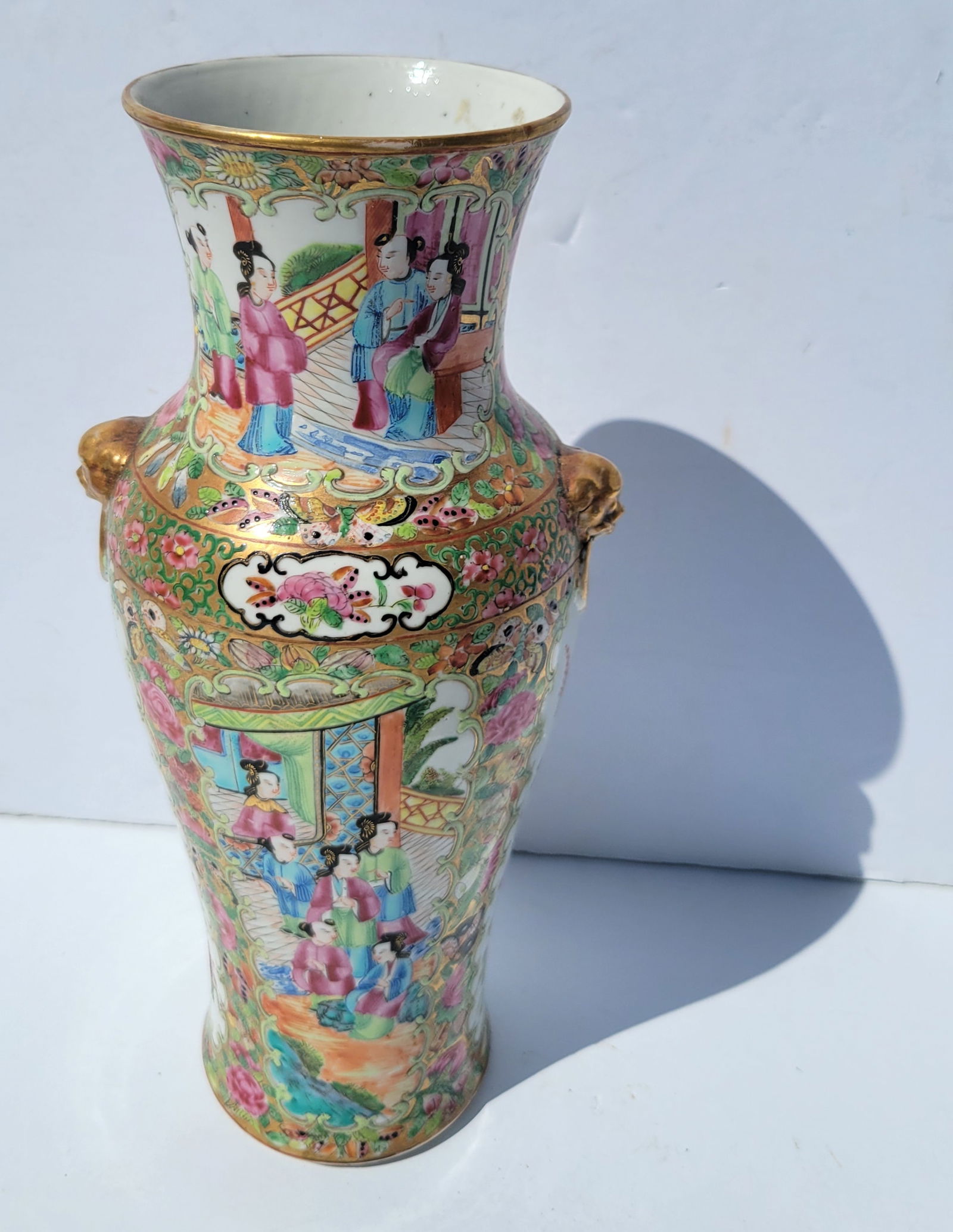 Antique Chinese Rose Medallion Late Qing Vase Gilt Foo Stylized Handles 12in Export Porcelain (1 of 3)