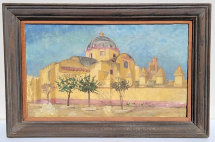 Extensively Inscribed Orientalist Temple Landscape Oil Signed Illegibly Illegible Signature Or