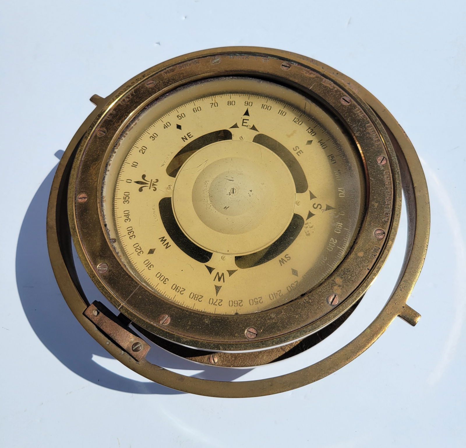 Lg US Navy Lionel Mark 1 Gimbaled Ships Compass 7.5in Dial NY USA Brass Or Bronze (1 of 3)