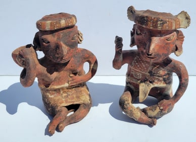Pre Columbian Type Pair Possibly Nayarit Seated Male Female Paint Decorated Holding Objects 9.4in