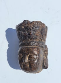 Early Asian Carved Stone Buddha Head Temple Fragment 3.4in Chinese Tibetan Nepal Southeast Asian