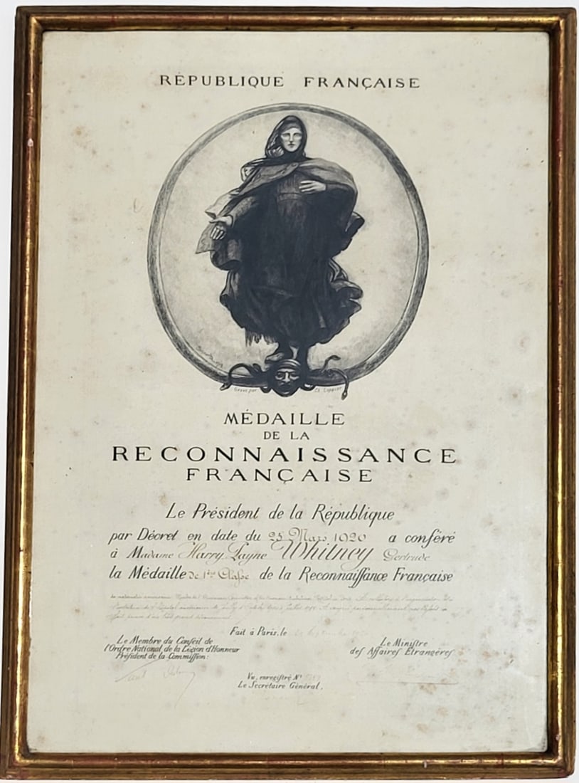 Vanderbilt Estate Gertrude Vanderbilt Whitney WWI French Award Document Republique Francaise For (1 of 1)